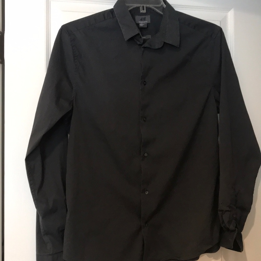 H&M Premium Cotton Shirt Slim Fit Dark Gray Button Down Sz L 16 1/2